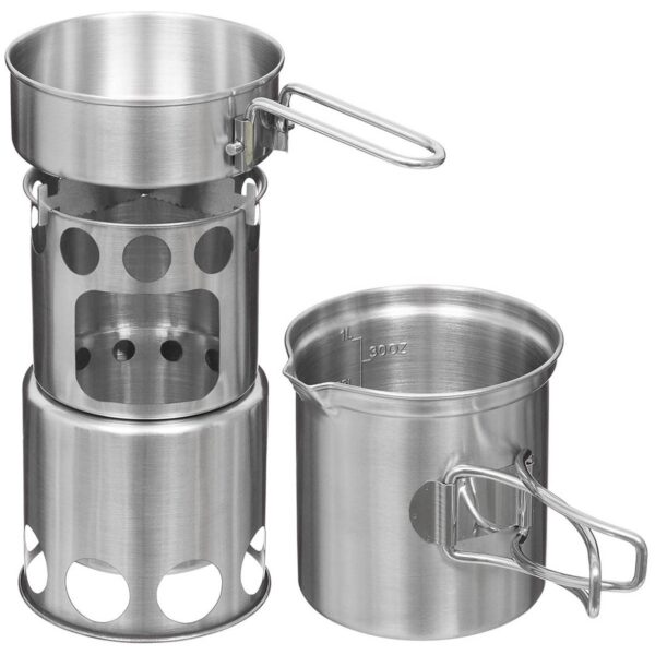 Travel Kookset - RVS Camping Pannenset met fornuis / houtkacheltje 4-delig