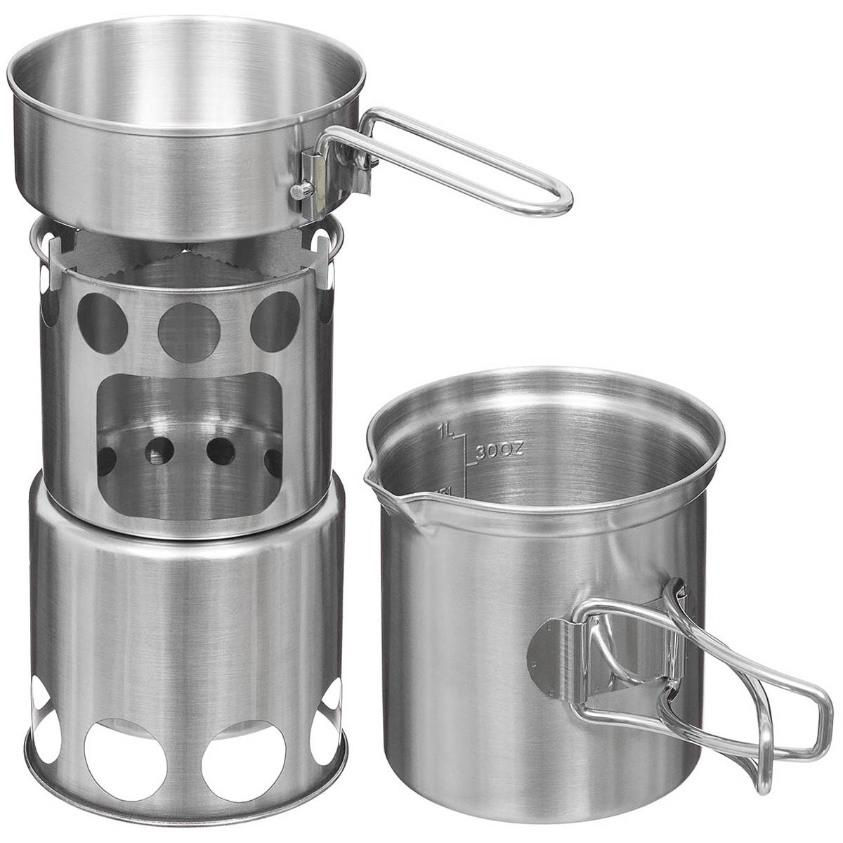 Travel Kookset - RVS Camping Pannenset met fornuis / houtkacheltje 4-delig