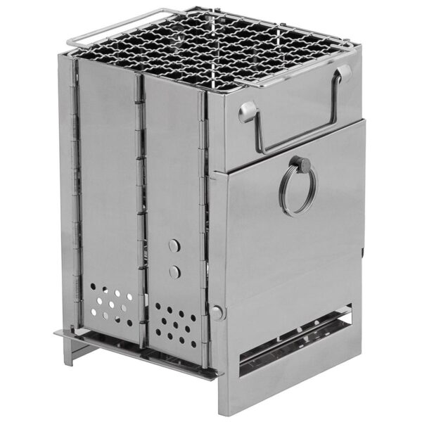 Fox Outdoor Opvouwbare RVS Raketkachel Mini - Draagbare Camping Houtkachel met grill - 21x14x14 cm