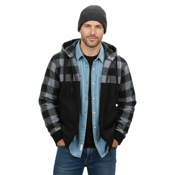 Houthakkers blouse met capuchon | Jas met rits - L, Zwart/Grijs