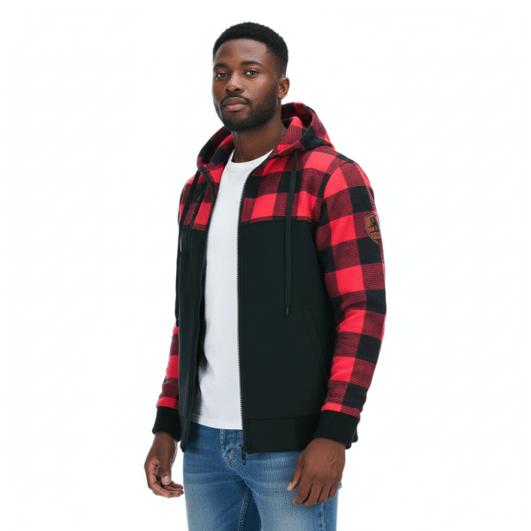 Houthakkers blouse met capuchon | Jas met rits - XXXL, Zwart/Rood