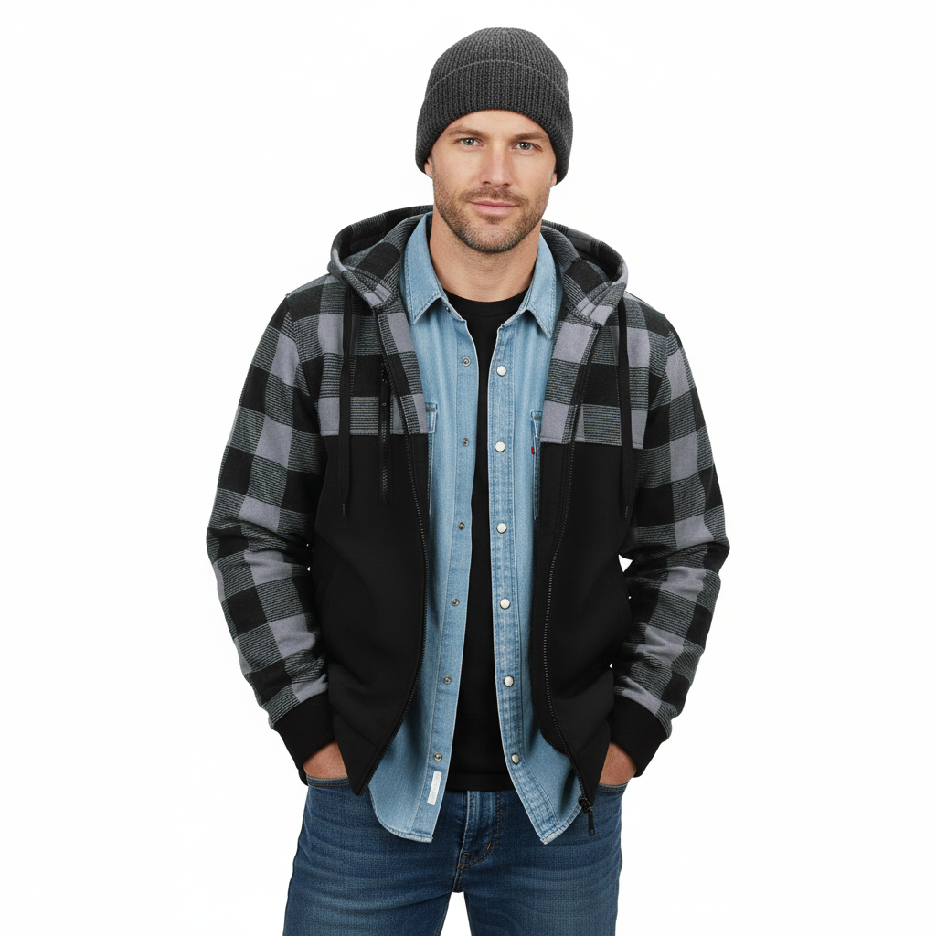 Houthakkers blouse met capuchon | Jas met rits - L, Zwart/Grijs