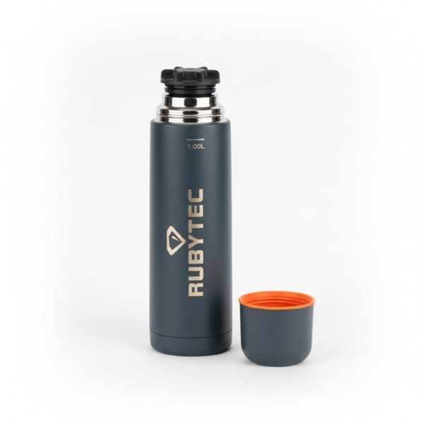 Shira Thermosfles 1L - Grijs/Oranje | Met Drinkbeker | Rubytec